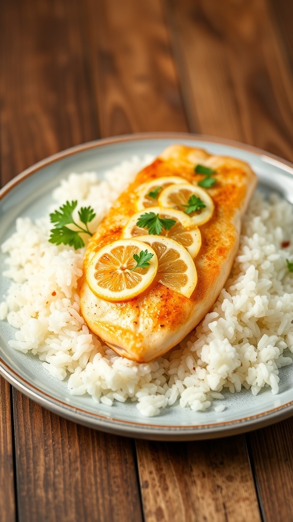Lemon Garlic Tilapia with Rice Recipe Lemon garlic tilapia fillets on rice, garnished with parsley, on a rustic wooden table.